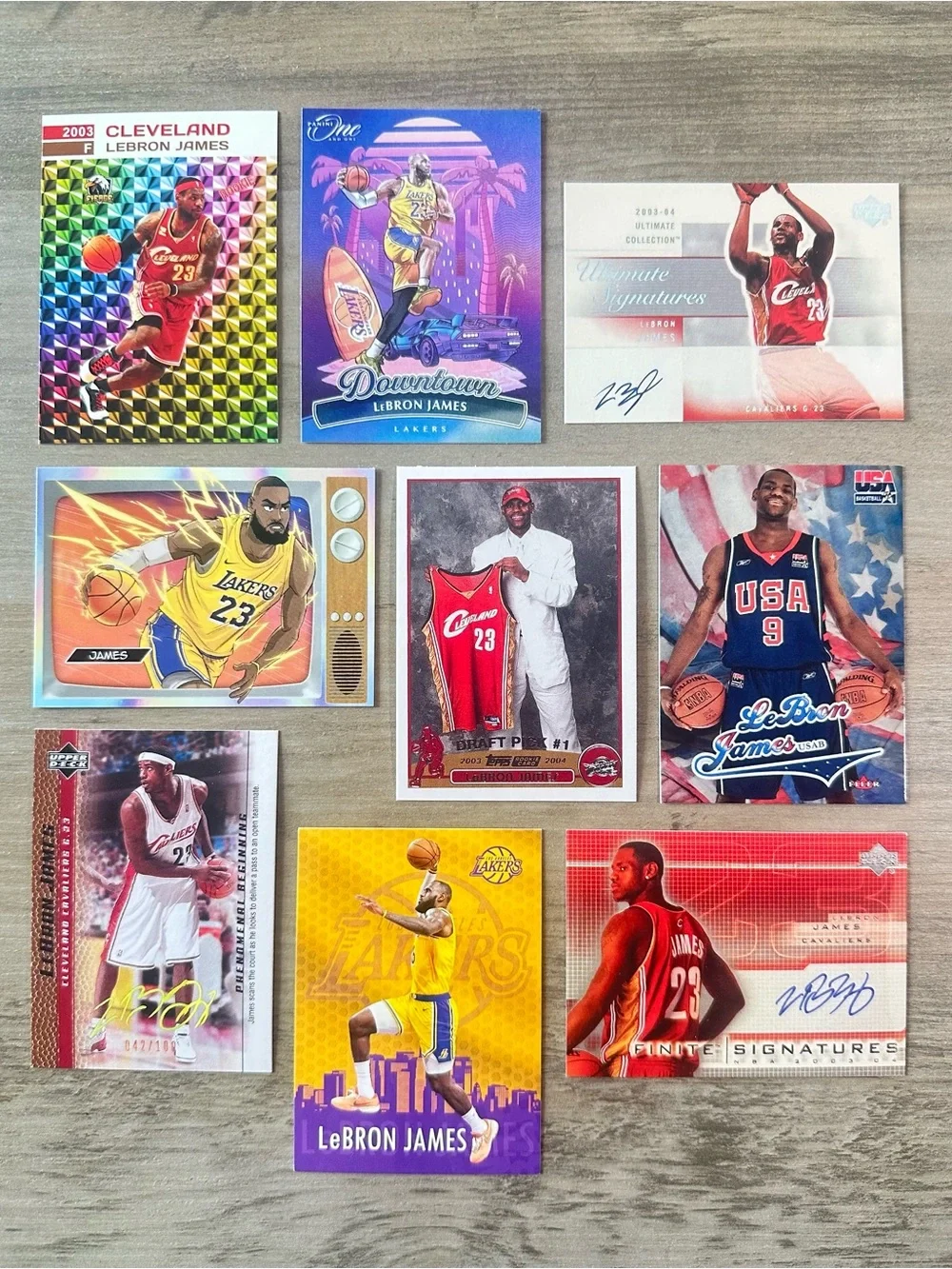 Lebro James Signed Rookie Lot of 9 Topps Upper Deck Downtown Anime Novelty Cards